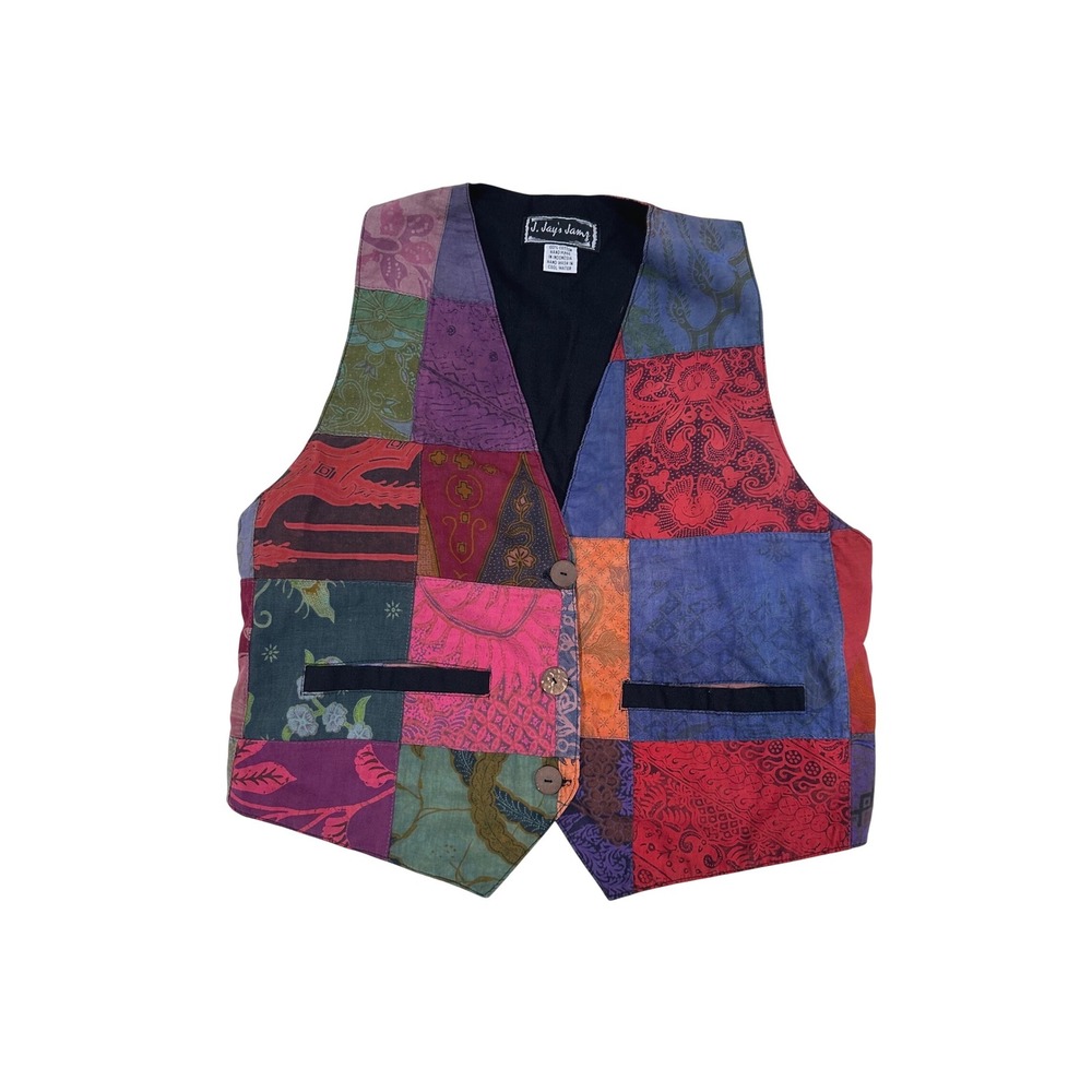 J. Jay's Jamz Patchwork Vest Multicolor Cotton Handmade Batik Boho Hippie 90s‎